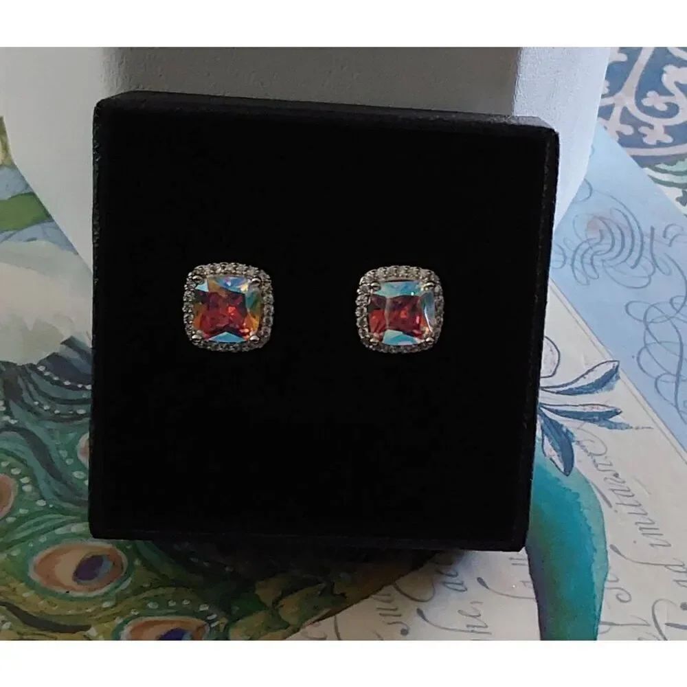 NEW~Round & Square Halo Design Aurora Borealis Crystal Stud Earrings